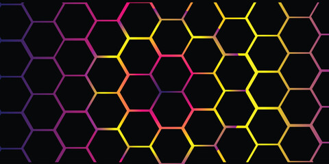Neon Hexagon Pink, Purple Yellow Gradient Pattern. Glowing Honeycomb Tech Black Background