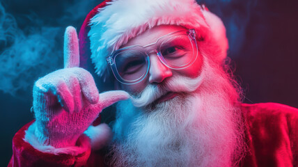Modern Santa Claus wearing stylish clear glasses, doing an attantion zoom in gesture, neon light background, holiday tech vibe, copy space