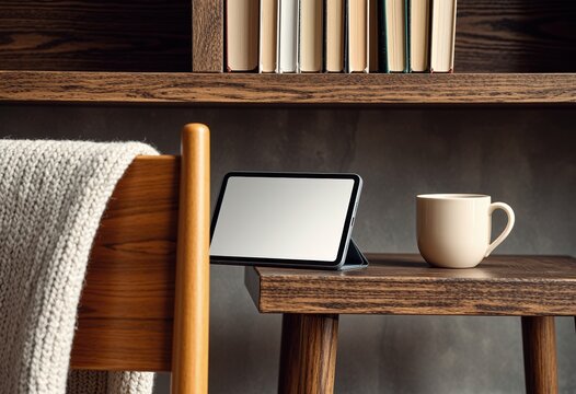 Close-up of a cozy reading nook with rough-hewn wood and a tablet on desk beside mug