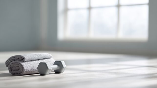 47. fitness gear on clean studio floor, modern vibe, natural window light, ample space for text, ideal for commercial use