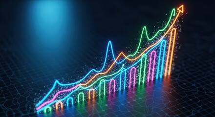 Vibrant financial growth chart with neon lines representing upward trending data analysis
