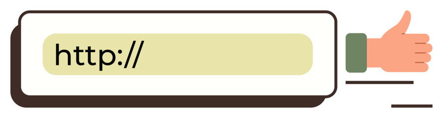 Obraz premium URL search bar with a highlighted link and thumbs-up hand gesture. Ideal for websites, approval, online interaction, digital success, validation, web design, simple flat metaphor