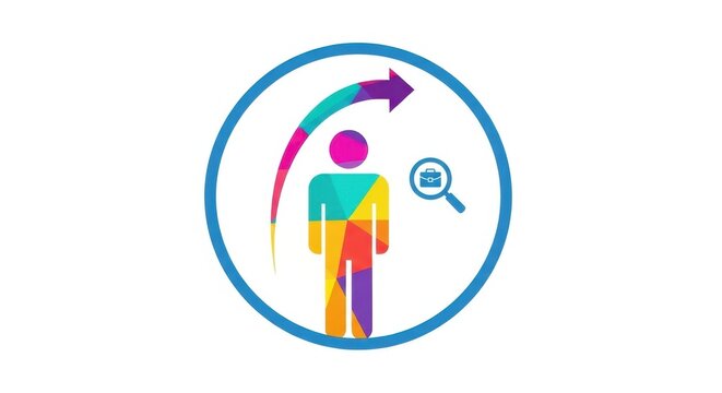 Abstract illustration depicting job search and career advancement within a circle frame