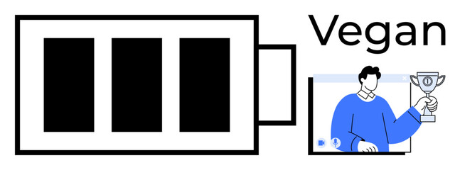 Battery icon, vegan text, and a character holding a trophy. Ideal for sustainability, ethical living, plant-based diet, eco-consciousness, health, wellness environmental care