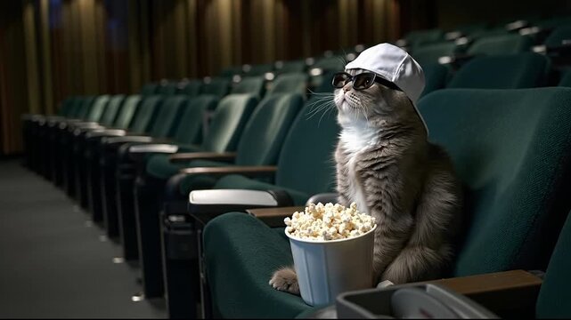 A cat wearing a hat and glasses sitting in a movie theater