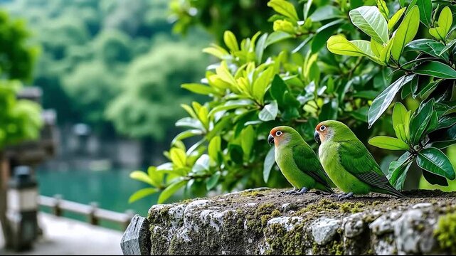 Two green parrots sitting on a stone wall