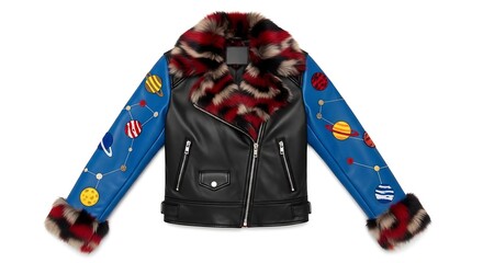 Jacket with cosmic design and faux fur