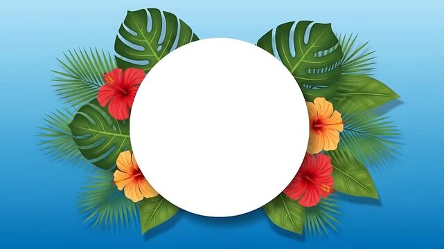 Tropical summer frame with green leaves and hibiscus flowers. White circle for holiday messages, seasonal promotions, or product display on a blue background