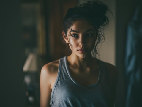 Portrait of a woman in tank top looking at camera with dark hair and soft light in a dimly lit room