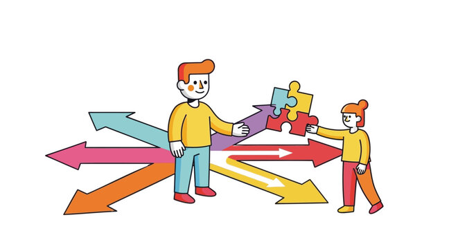 Two people connect puzzle pieces over diverging arrows symbolizing choices and collaboration in decision making