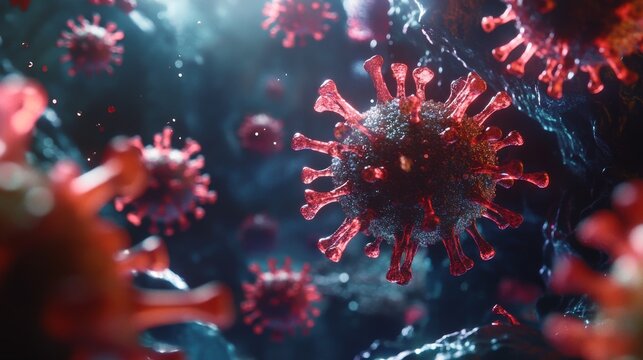 Microscopic view of a virus among red blood cells illustrating medical research and health education