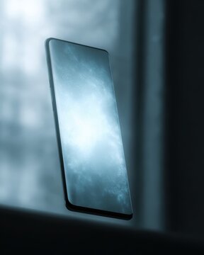 442. modern smartphone floating with glowing UI, modern vibe, natural window light, clean background for typography, ideal for commercial use