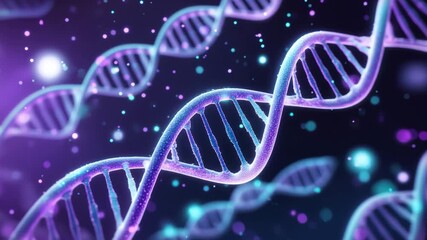 Abstract 3d render of glowing dna helix strands with sparkling particles in purple - Powered by Adobe