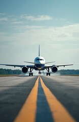 Naklejka premium Jet airplane lands on runway creating dust clouds. Aircraft approaches airport on clear day with blue sky and clouds. Modern airliner with engines on taxiway.