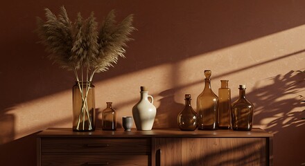 Warm Sunlight on a Wooden Cabinet with Bottles and Pampas Grass Display for Home Decor
