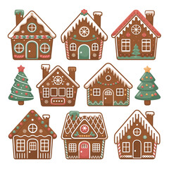 A collection of decorative gingerbread houses and Christmas trees, perfect for holiday celebrations.