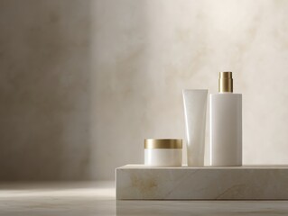 153. luxury skincare products on marble pedestal, modern vibe, controlled studio lighting, ample space for text, ideal for commercial use