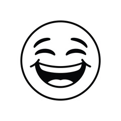 A simple black and white illustration of a laughing emoji face.