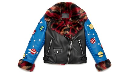 Jacket, biker with planet applique
