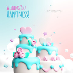 Wishing you happiness 3D cartoon plastic style vector card design, wedding or anniversary cakes decorated heart, rose