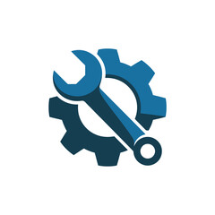 A wrench rests on a blue gear, symbolizing mechanical repair and industry.