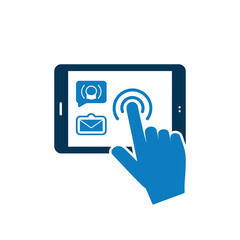 A hand taps on a tablet screen with communication icons.