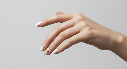 Close-up studio shot of a beautiful female hand with elegant white and gold manicured nails, performing a delicate cupping gesture, showcasing grace and detail