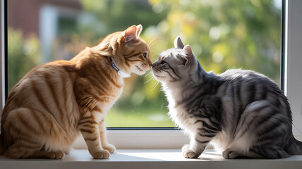 Two domestic cats, one orange tabby and one gray tabby, sitting on a windowsill and touching noses in a sweet and affectionate moment