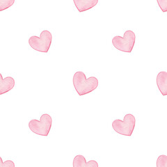 Watercolor seamless pattern with pink hearts. Hand-drawn romantic print with pink hearts. Festive Valentine's Day print. Great for wrapping paper, textiles, and cards.
