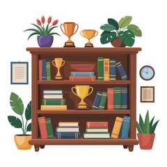 A wooden bookshelf is filled with books, trophies, plants, and decorative items.