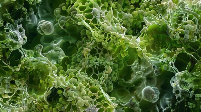 Close-up view of green microscopic organisms of algae cells, creating an abstract and organic pattern ideal for backgrounds. - Powered by Adobe