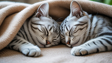 Two adorable silver tabby kittens are sleeping peacefully under a cozy beige blanket, their eyes closed and paws tucked in, creating a heartwarming scene of feline comfort
