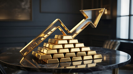 A pyramid of gold bars with a golden arrow pointing upwards on a marble table, symbolizing financial growth and success in a luxurious and sophisticated setting