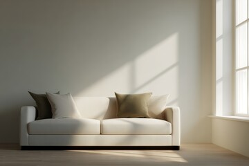19. living room with minimalist furniture and natural light, professional tone, golden hour tone, balanced rule of thirds, generic props only