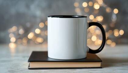 Black Handle Mug Displayed On A Book Surrounded By White Bokeh Lights In A Mock-Up Photo Of An 11 Oz White Ceramic Mug.