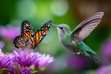 Fototapeta premium Hummingbird and Butterfly Near Purple Flowers