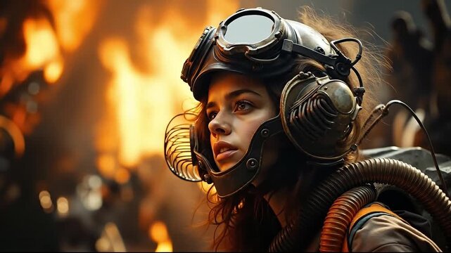 A woman wearing a helmet and goggles in front of a fire