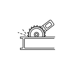 Fototapeta premium Circular saw cutting metal I-beam, industrial line art icon with sparks.