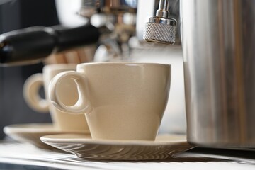 Barista uses a high-end commercial espresso machine, pouring a perfect shot into cup.