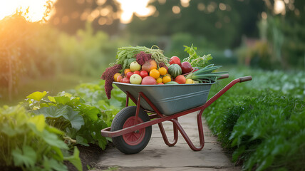 A wheelbarrow filled with fresh vegetables in a garden at sunset, showcasing the beauty and abundance of homegrown produce in a natural setting