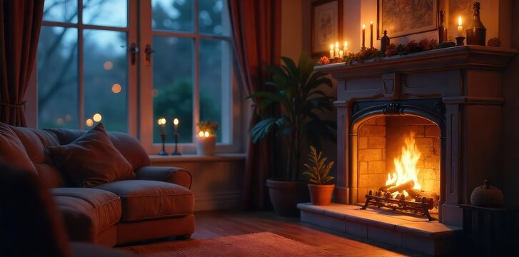 A cozy living room scene at dusk, featuring a fireplace, soft lighting, and a calendar prominently displayed on a mantelpiece, highlighting the evening's date , reminder, rug, night