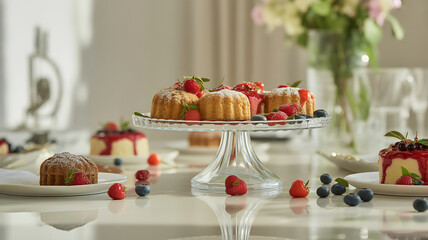 Delicious mini cakes adorned with fresh berries and powdered sugar, arranged on a glass stand, creating an elegant and tempting dessert display