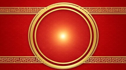Luxurious red and gold ornamental background featuring a prominent circular frame and traditional Chinese geometric patterns, ideal for festive and elegant designs - Powered by Adobe