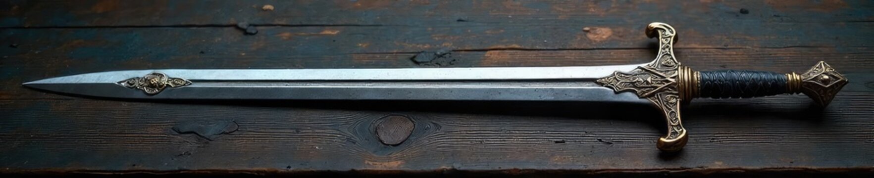 A gleaming medieval longsword rests on a dark wooden table, its intricate hilt and sharp blade catching the light Perfect for fantasy, history, or gaming projects , blade, fight