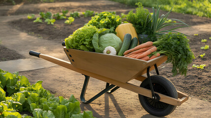 A wooden wheelbarrow filled with freshly harvested vegetables in a garden, showcasing the abundance and bounty of homegrown produce