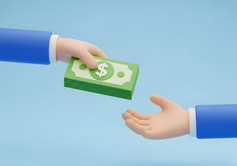 3D cartoon human hand giving money to other hand. Pay for something. Hand holds dollar banknotes. Money investments. Giving money.