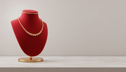 Elegant Gold Necklace Featured On Stylish Necklace Display Stand With Vibrant Red Mannequin. Sophisticated Jewelry Presentation. Stand Out Accessory Display.