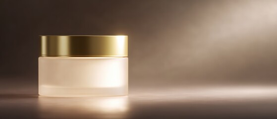 449. cosmetic jar with golden accents and soft glow, premium look, soft diffused glow, minimal composition, generic props only
