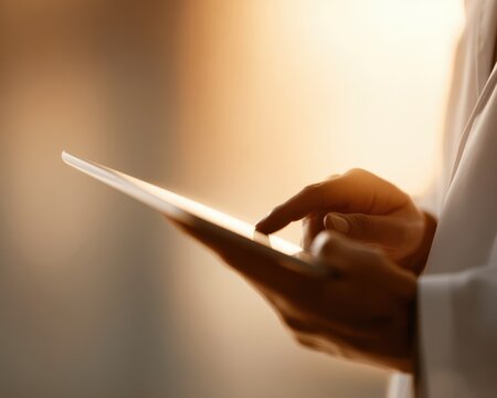 14. doctor on tablet screen for telemedicine concept, professional tone, golden hour tone, minimal composition, brand-safe, no logos