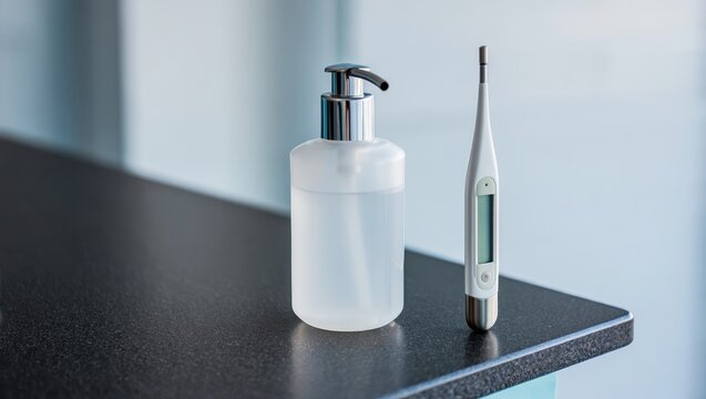 Digital thermometer and sanitizer dispenser on a reception counter in a bright lobby.